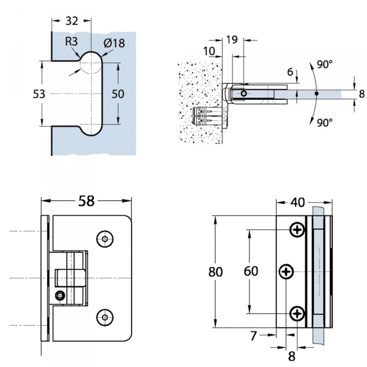 CHARNIÈRE BILBAO POUR PAROI DE DOUCHE 90° MUR / VERRE EASY (BK8011031)